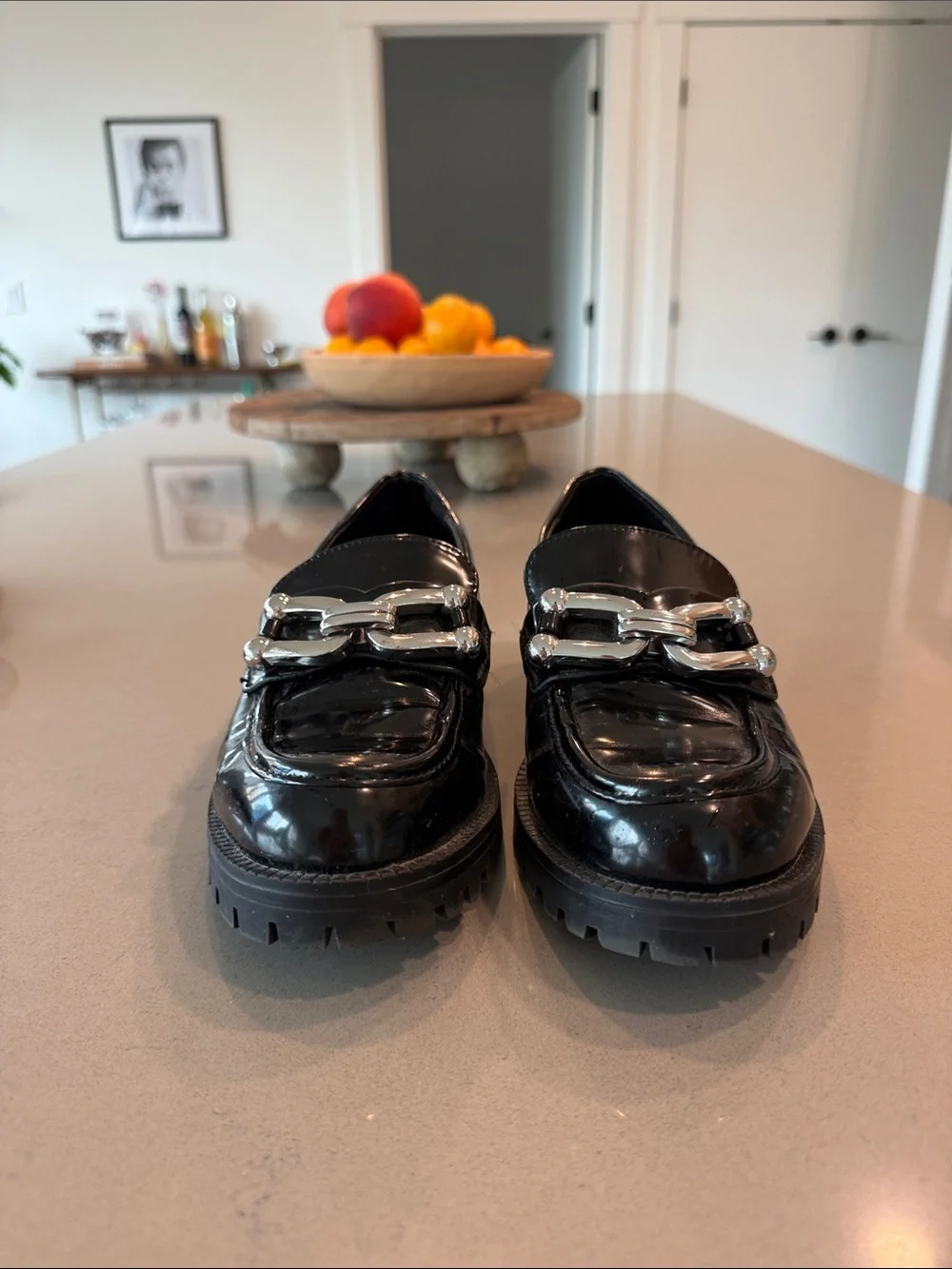 Zara Black Patent Loafers with Silver Chain Detail